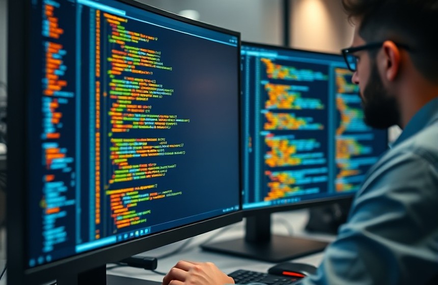 Equipo de desarrollo trabajando en el software del terminal